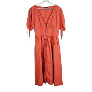 Vintage Cotton & Linen Orange Midi Short Sleeve V-Neckline Dress